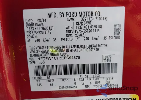 2014 Ford F-150 Fx2 из США, поврежденный, VIN 1FTFW1CF3EFC92875